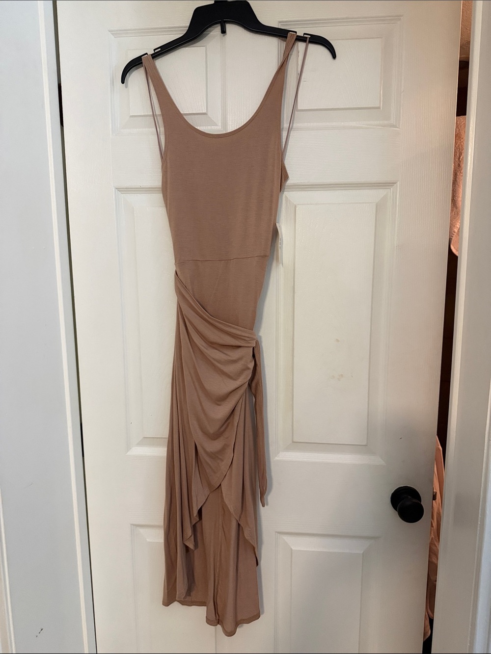 Scoop-Neck Maxi Dress with Side Ruched Draping in Taupe